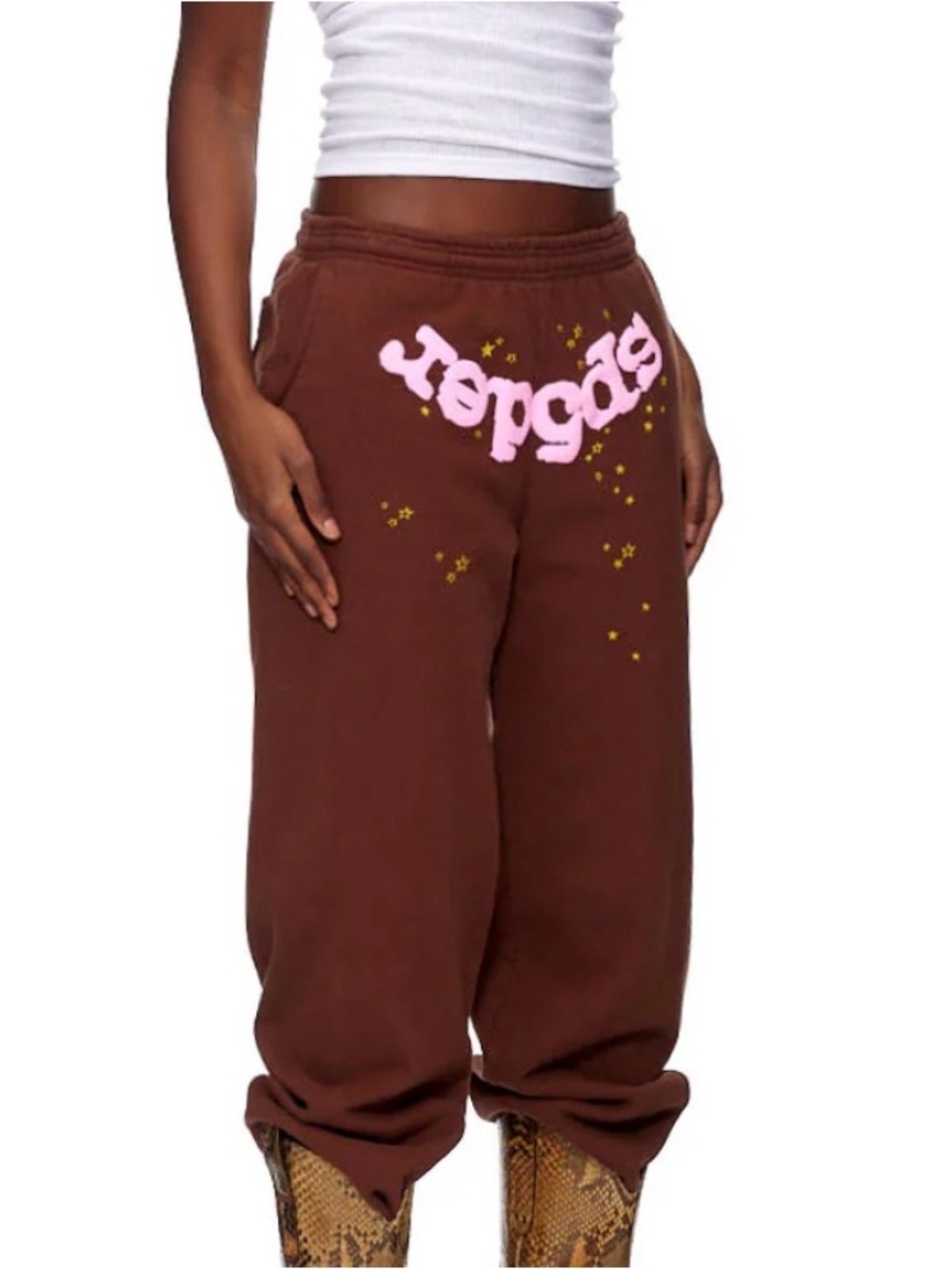Sp5der Classic Sweatpant Brown pink yellow stars upside-down unisex bold medium